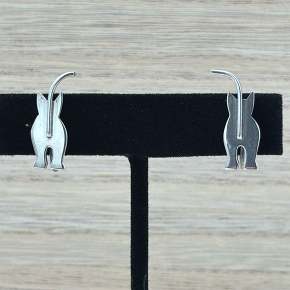 Vintage Elmcroft Sterling Silver Screw Back Cat Earrings
